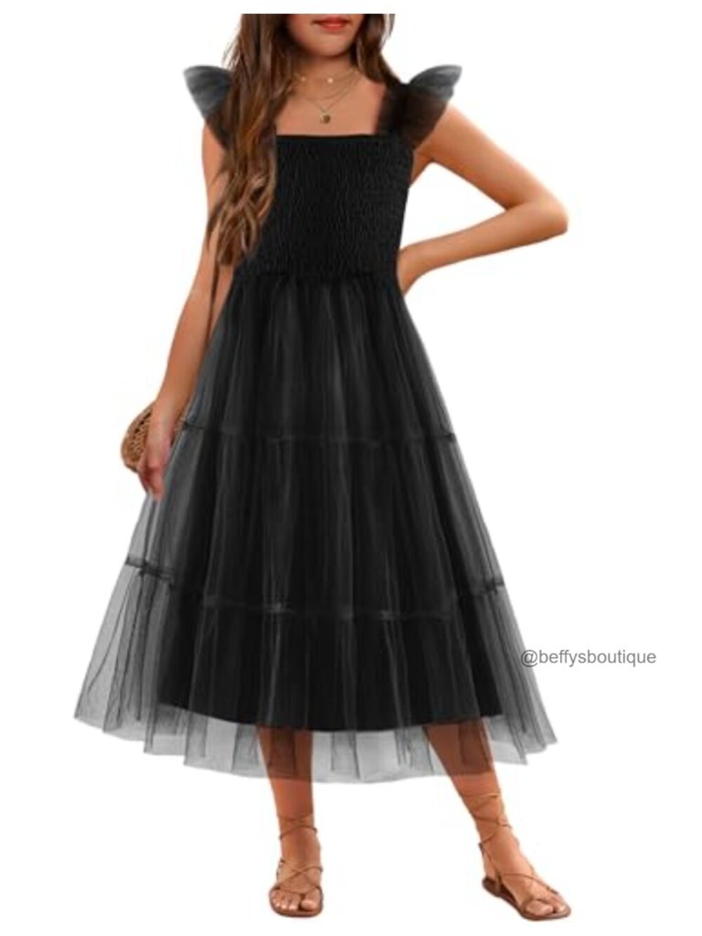 Girls Tulle Sundress Ruffle Strap Smocked A-Line Dress